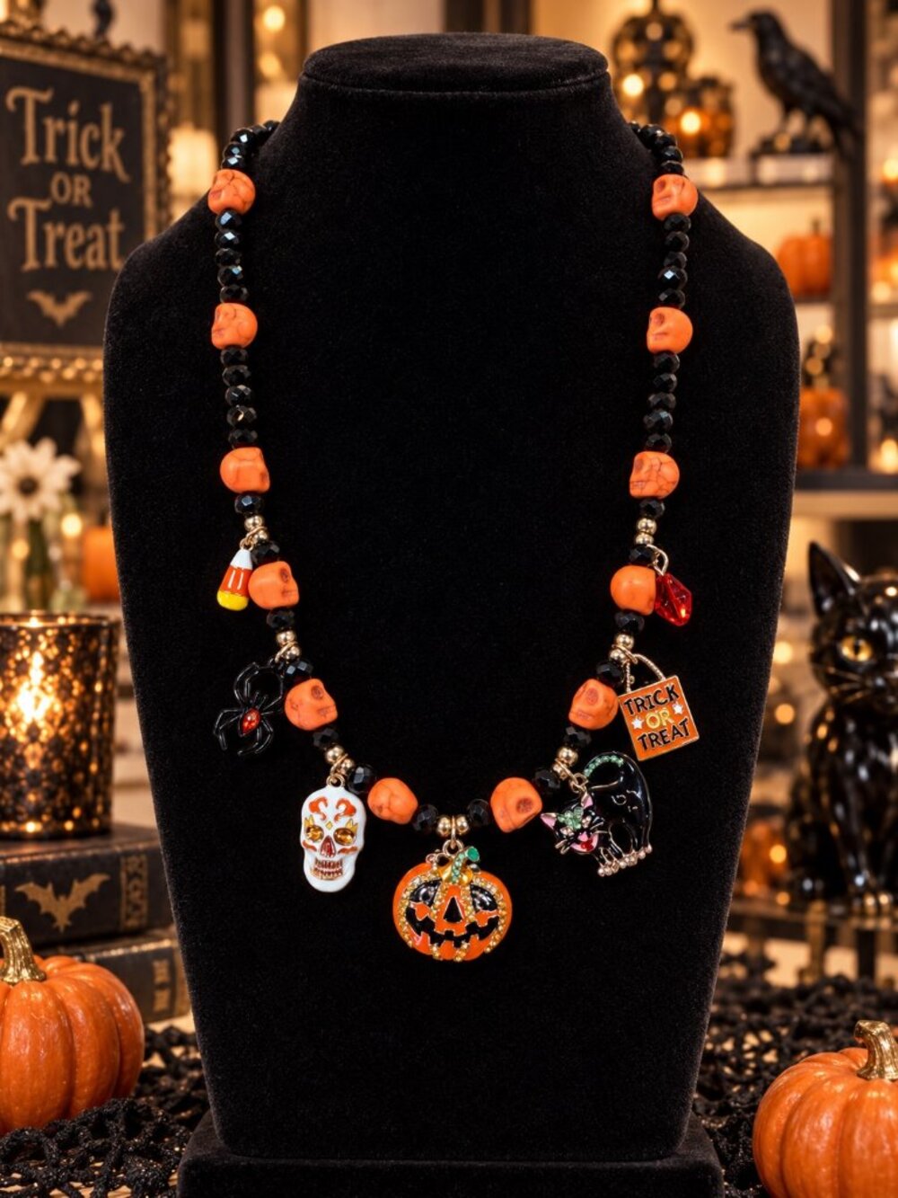 Halloween Skull & Pumpkin Charm Necklace, Black and Orange Beaded Statement